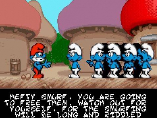 Grande Smurf dá algumas instruções aos seus colegas Smurfs.