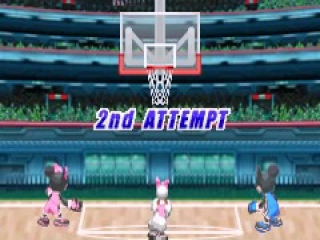 Minnie tries for a second time to score a point by throwing the basketball towards the hoop.