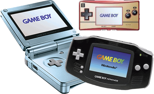 The different types: The <a href = https://www.mariogba.nl/gameboy-advance-spel-info.php?t=Game_Boy_Advance_SP target = _blank>GBA SP</a> (blue), the <a href = https://www.mariogba.nl/gameboy-advance-spel-info.php?t=Game_Boy_Micro target = _blank>GB Micro</a> (pink), and the standard GBA (black).