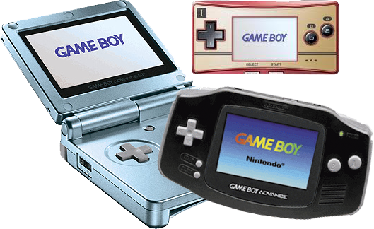 De verschillende types: De <a href = https://www.mariogba.nl/gameboy-advance-spel-info.php?t=Game_Boy_Advance_SP target = _blank>GBA SP</a> (blauw), de <a href = https://www.mariogba.nl/gameboy-advance-spel-info.php?t=Game_Boy_Micro target = _blank>GB Micro</a> (roze) en de standaard GBA (zwart).