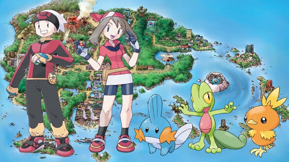 Here you see Brandon and May together with the three Starter Pokemon from the Hoenn Region.