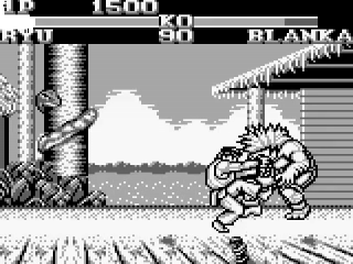 Ryu is more than happy to demonstrate his karate moves. Blanka hits the ground.